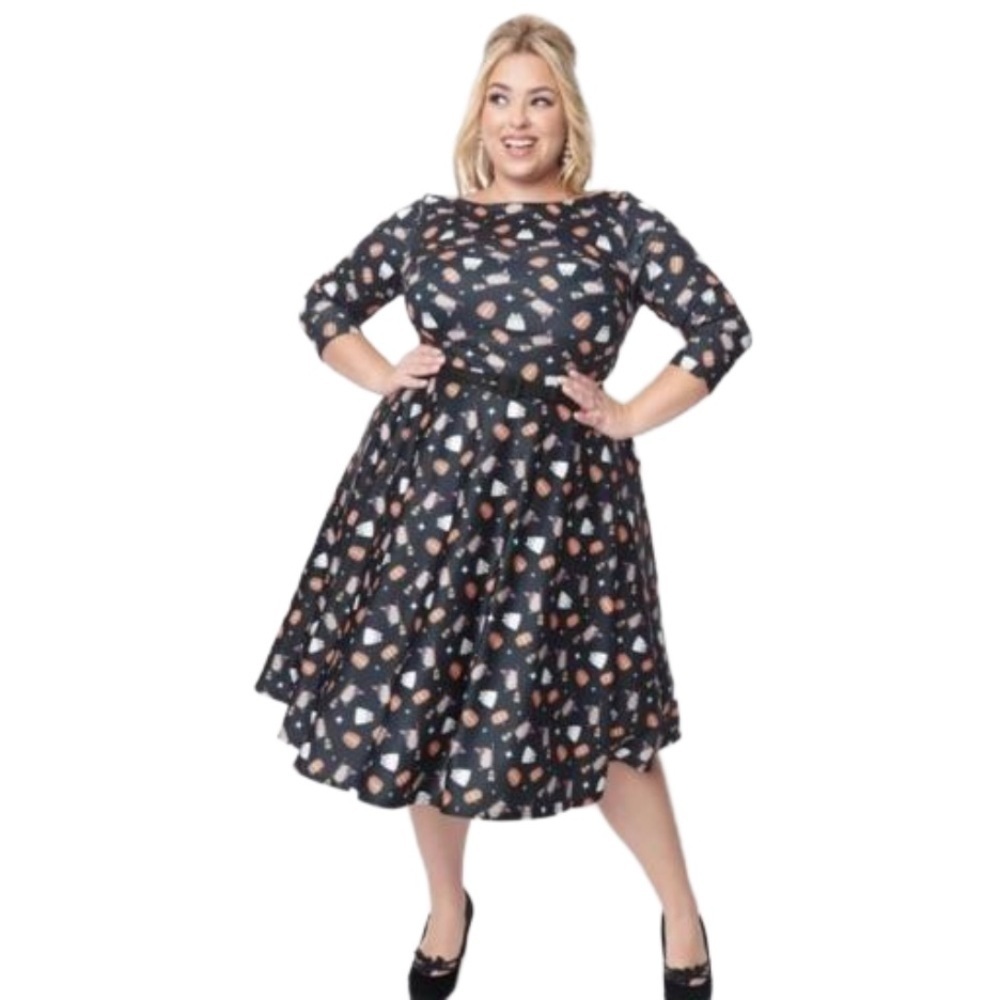 Unique Vintage Pusheen Black Halloween Flare Dress Large NWT